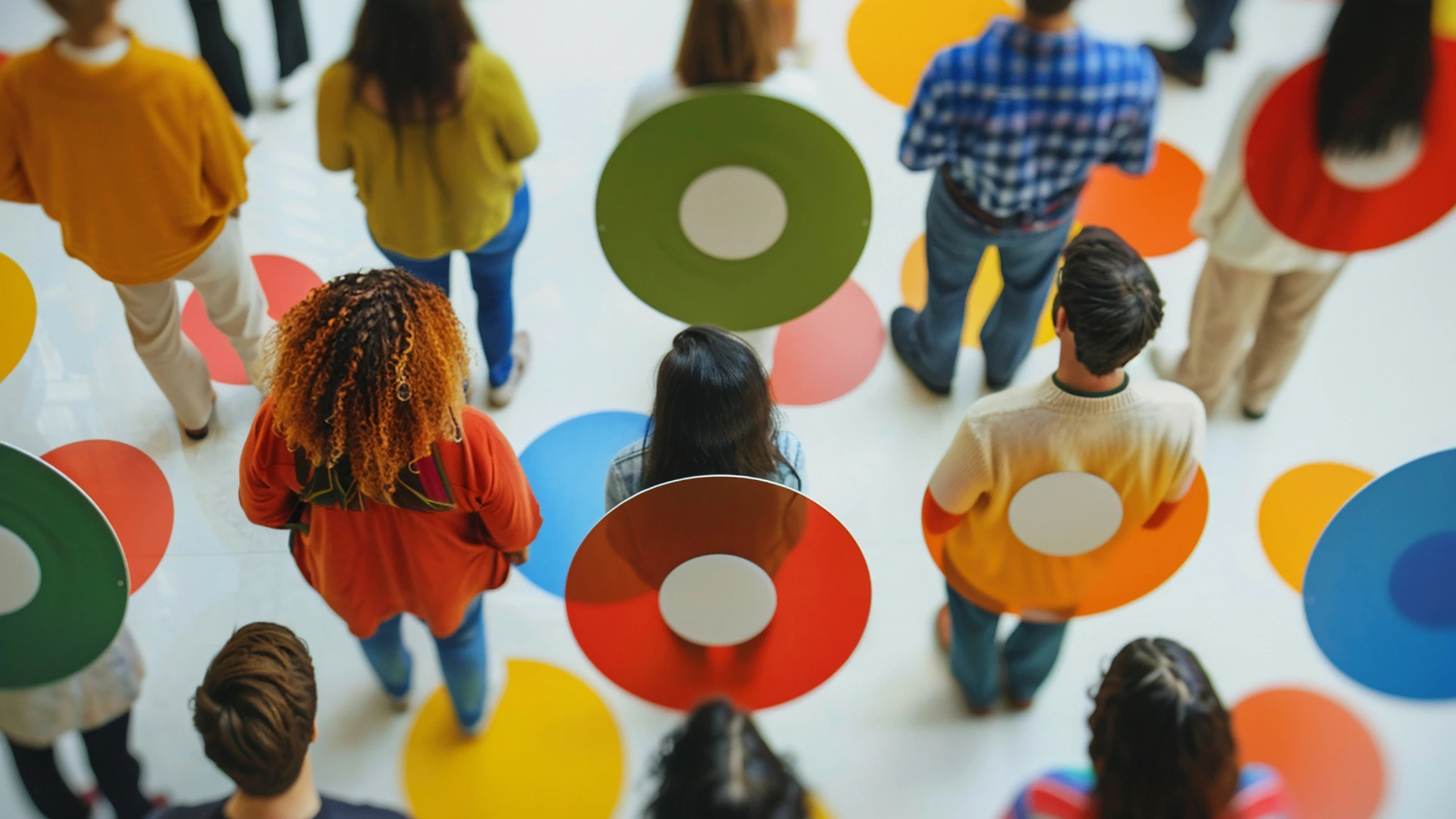 People with big circle disc on their backs, explaining exit product