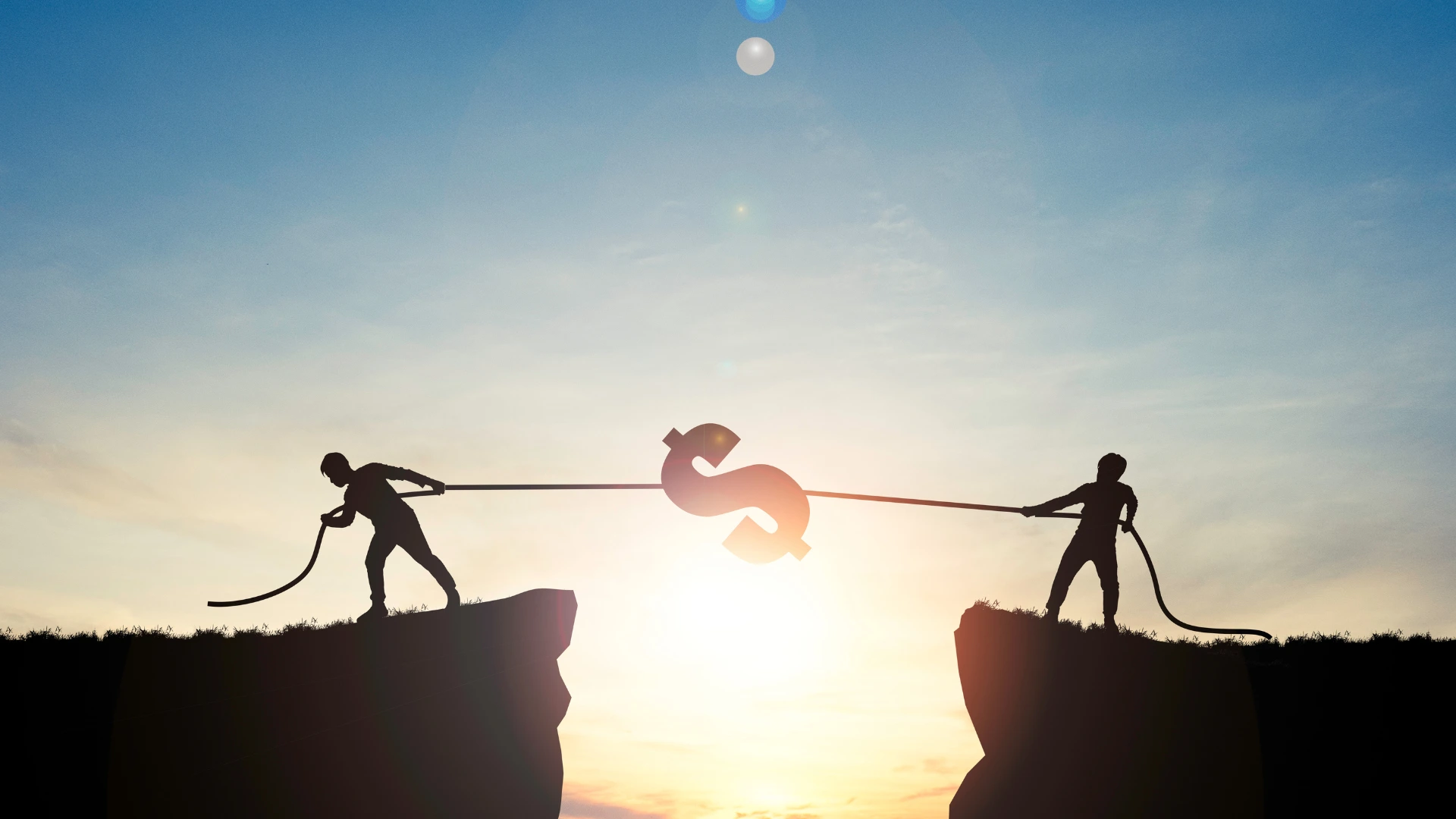 2 men on business partnership on tug of war for a dollar sign